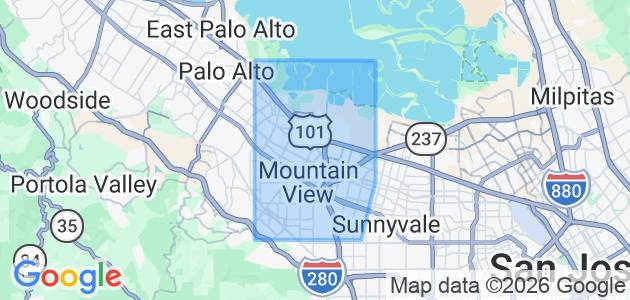 Service area map covering Mountain View, south Palo Alto and west Sunnyvale